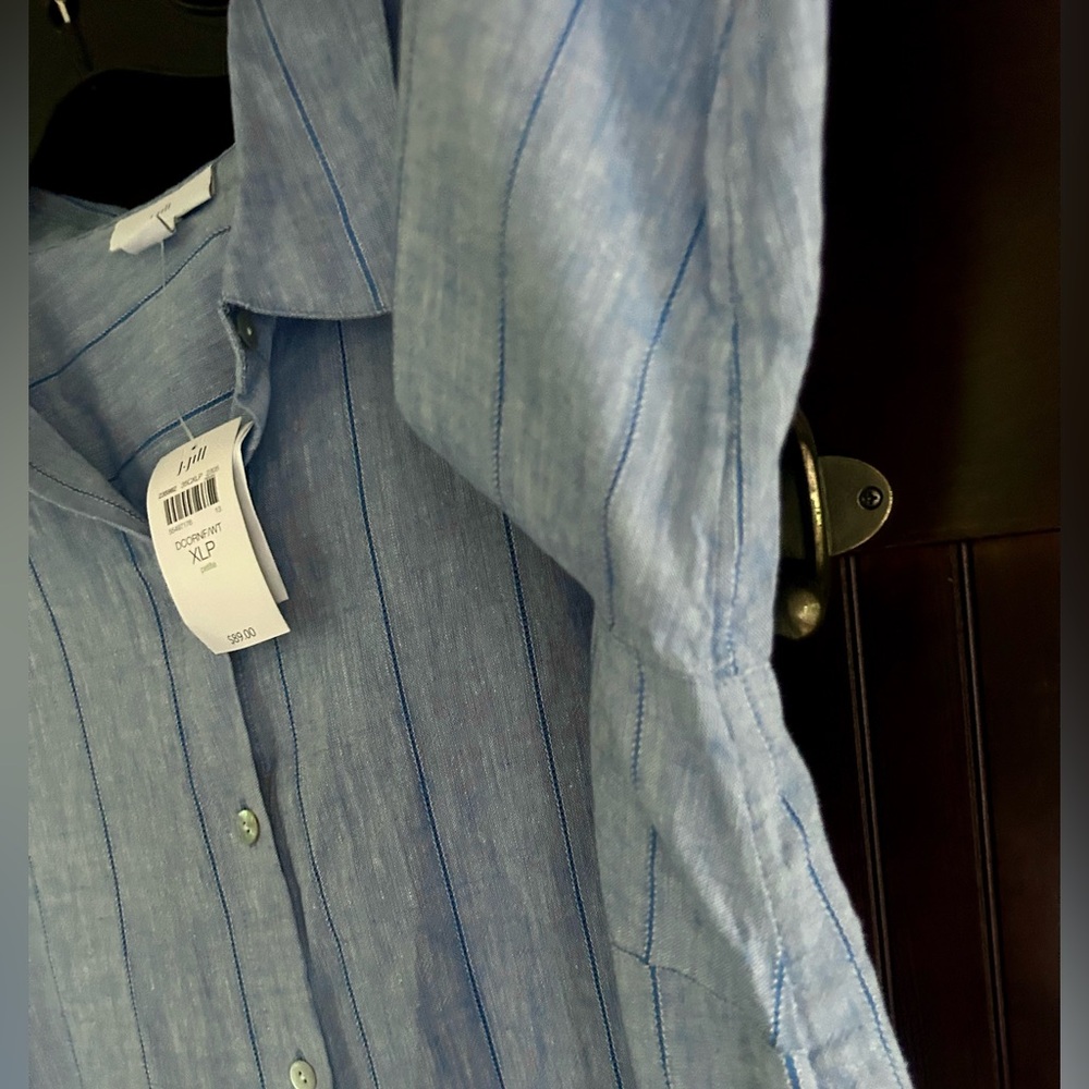 NWT J. JILL Blue Linen Stripe Long Sleeve Button Down Shirt Classic Office | XLP - Picture 11 of 16